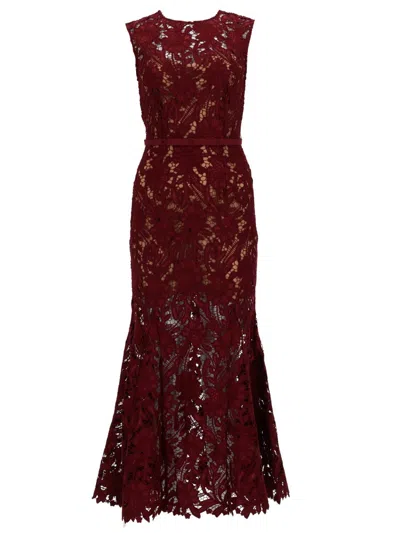 Self-portrait Fitted Guipure Lace Midi Dress With Removable Belt In Red
