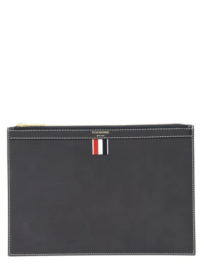 Thom Browne Navy Blue 4-bar Calf Leather Document Holder In Metallic