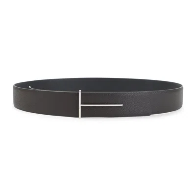 Tom Ford Dark Brown Reversible Textured Silver Buckle Belt In Animal Print
