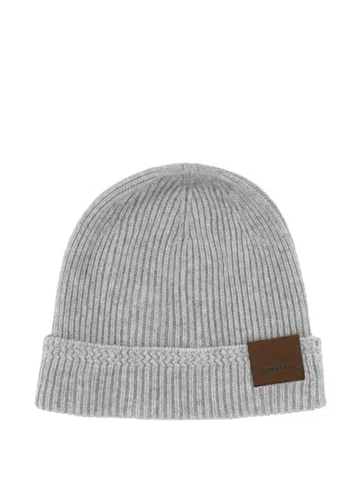Tom Ford Ribbed Texture Cashmere Hat With Leather Patch Logo In Gold