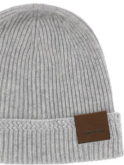 Tom Ford Ribbed Texture Cashmere Hat With Leather Patch Logo In Gold