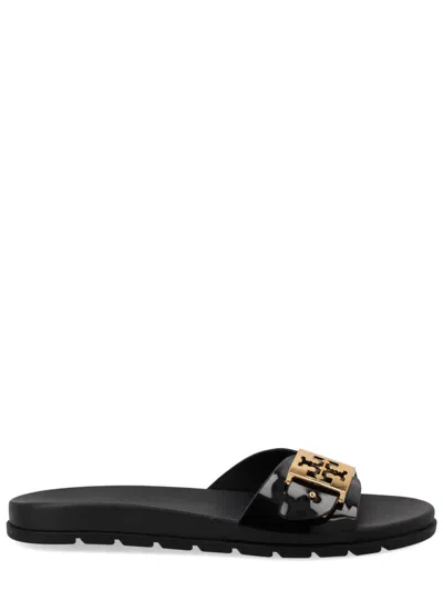 Tory Burch Patent Synthetic Leather Buckle Slide In Black