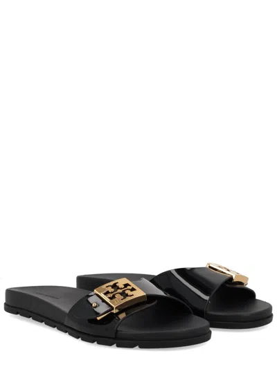 Tory Burch Patent Synthetic Leather Buckle Slide In Black