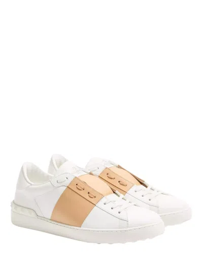 Valentino Garavani Open Sneakers In Leather With Contrast Colored Stripe And Stud Detail In Nude