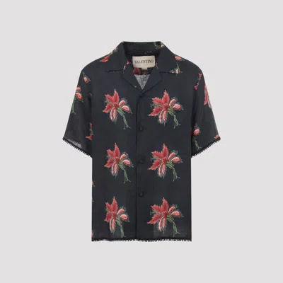 Valentino Camp Collar Shirt Floral Pattern Short Sleeves In Blue