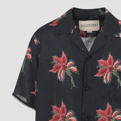Valentino Camp Collar Shirt Floral Pattern Short Sleeves In Blue