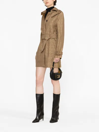 Versace Trench Coat With Allover Motif And Belted Waist In Brown