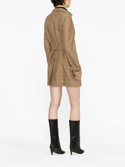 Versace Trench Coat With Allover Motif And Belted Waist In Brown