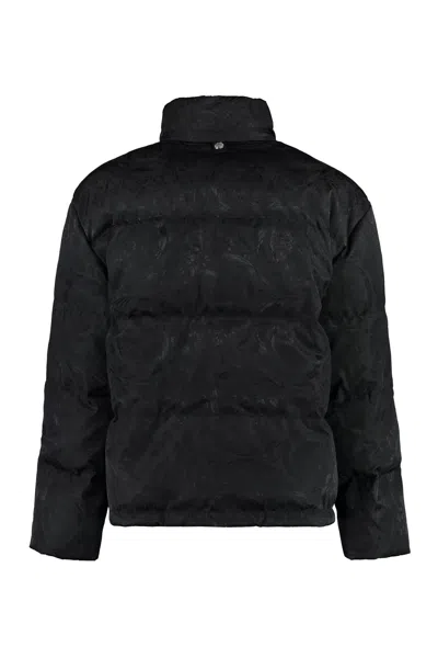 Versace Full Zip Down Jacket With All-over Pattern In Black