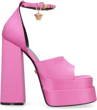 Versace Fuchsia Satin Medusa Aevitas Sandals In Pink