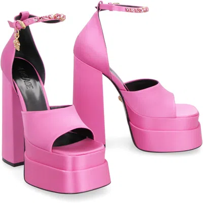 Versace Fuchsia Satin Medusa Aevitas Sandals In Pink