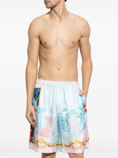 Versace Printed Silk Shorts In Blue