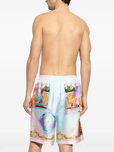 Versace Printed Silk Shorts In Blue