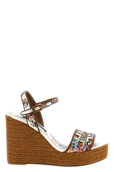 Dolce & Gabbana Leather-trimmed Embroidered Canvas Platform Wedge Sandals In Brown
