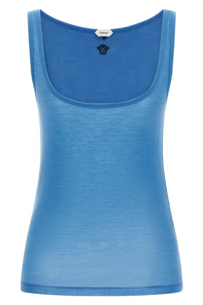 Versace Ribbed Silk-nylon Sleeveless Top With Subtle Logo In Blue
