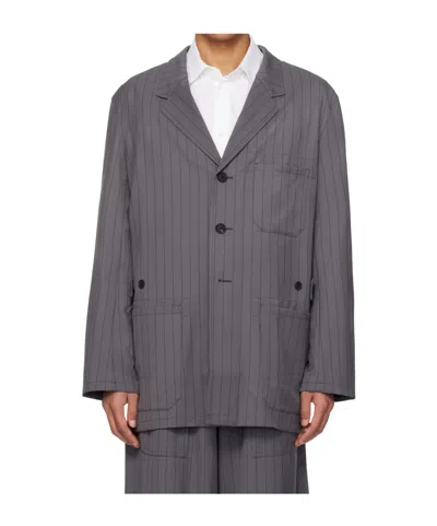 Y-3 Pinstripe Wool Blend Work Jacket In Gray