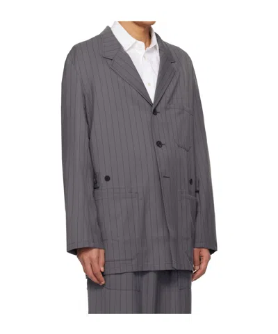 Y-3 Pinstripe Wool Blend Work Jacket In Gray