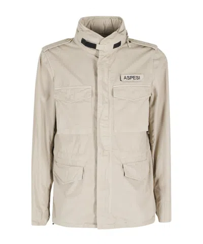 Aspesi High Collar Jacket Adjustable Cuffs Epaulettes In Neutral