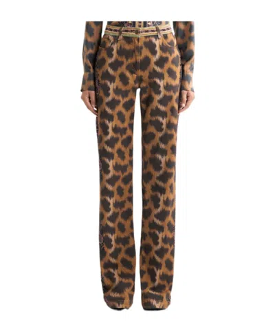 Etro Bootcut Jeans In Bull Denim With Animal Motif In Neutral