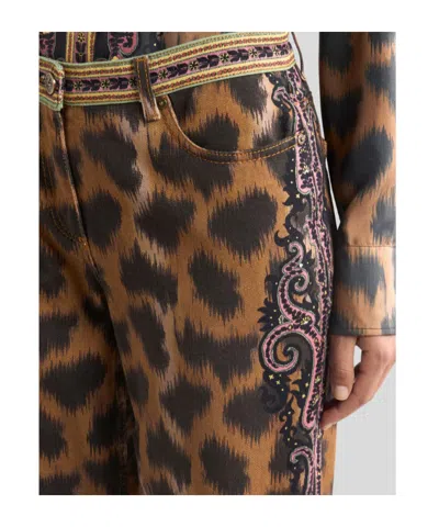 Etro Bootcut Jeans In Bull Denim With Animal Motif In Neutral