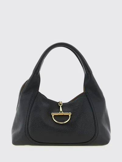 Gucci Women Black Shoulder Bag With Horsebit Closure In Grained Leather Woman In Black