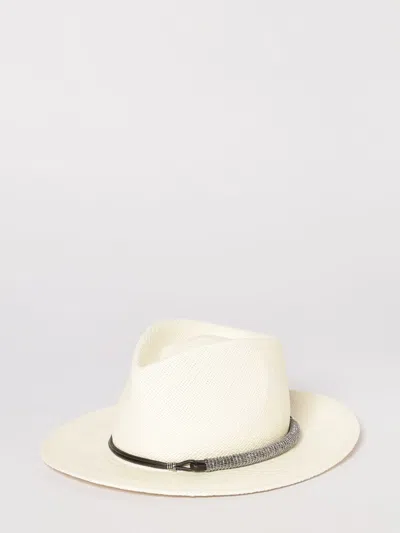 Brunello Cucinelli Beige Monile Textured Fedora Hat In White