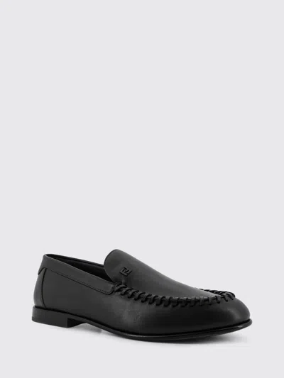 Fendi Men Leather Loafers With Metal Ff Logo In Black