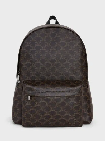 Celine Medium Backpack In Triomphe Canvas And Calfskin Leather In Brown