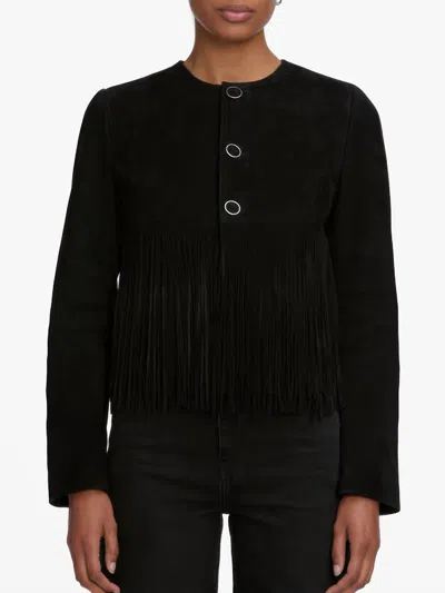 Frame Double-layered Fringed Leather Jacket In Black