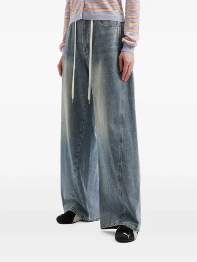 Mini Cream Drawstring Wide-leg Jeans In Blue