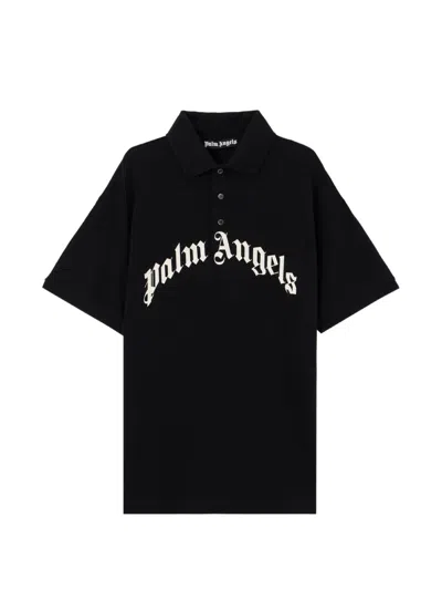 Palm Angels Curved Logo Embroidered Polo Shirt In Black