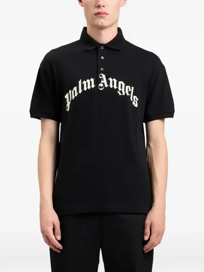 Palm Angels Curved Logo Embroidered Polo Shirt In Black