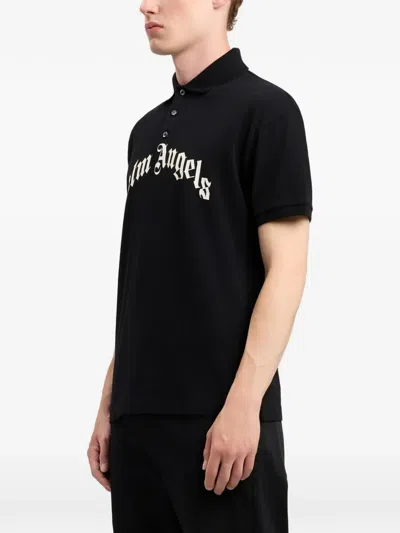 Palm Angels Curved Logo Embroidered Polo Shirt In Black