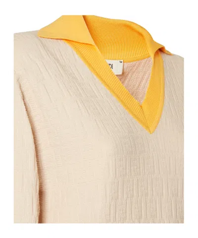 Fendi Knitwear Long Sleeves V Neck Contrasting Collar In Neutral