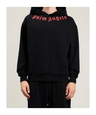 Palm Angels Men's Logo Neck Cotton Hoodie In Black