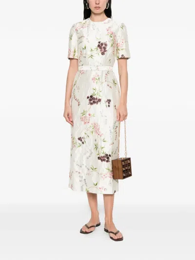 Erdem Floral Print Textured Satin Midi Pencil Dress In Neutral