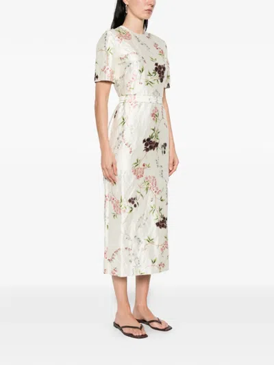 Erdem Floral Print Textured Satin Midi Pencil Dress In Neutral