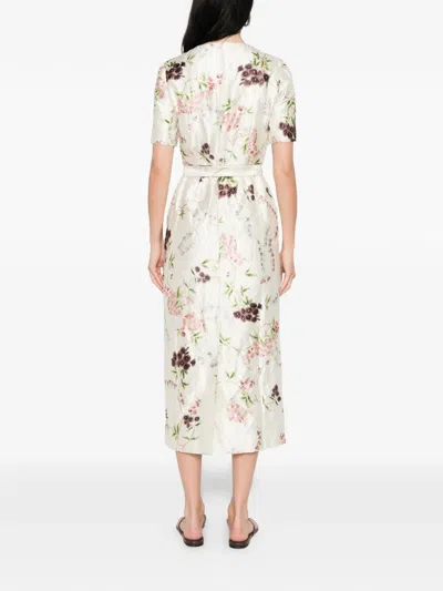 Erdem Floral Print Textured Satin Midi Pencil Dress In Neutral