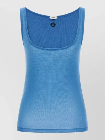Versace Ribbed Silk-nylon Sleeveless Top With Subtle Logo In Blue