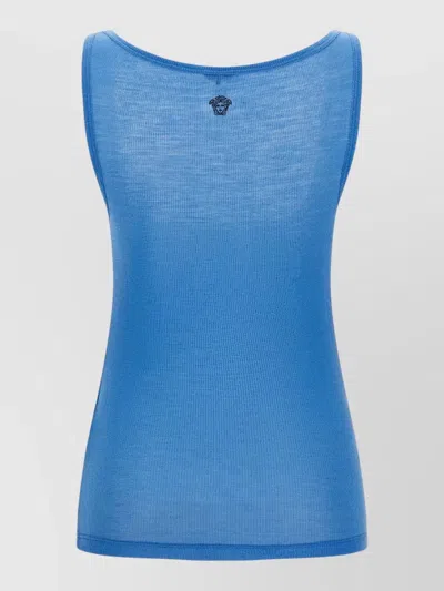 Versace Ribbed Silk-nylon Sleeveless Top With Subtle Logo In Blue