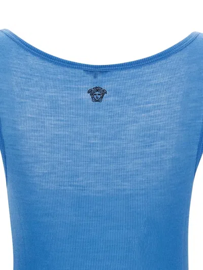 Versace Ribbed Silk-nylon Sleeveless Top With Subtle Logo In Blue