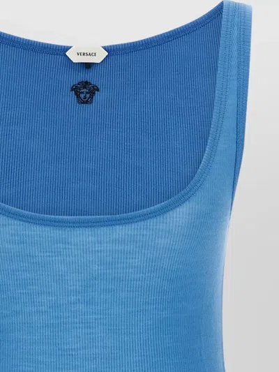 Versace Ribbed Silk-nylon Sleeveless Top With Subtle Logo In Blue