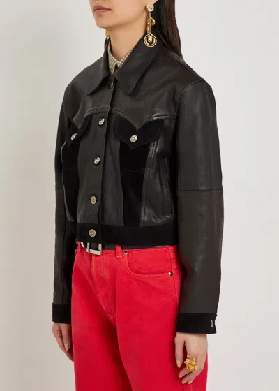 Versace Structured Leather Jacket With Suede Inserts In Black