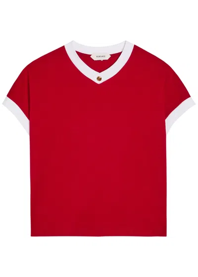 Versace Cotton V Neck Top Short Sleeves Buttons In Multi