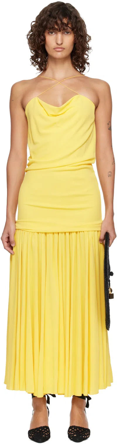 Jacquemus Yellow Dress With Straight Neckline And Gathered Waist In Tech Fabric Woman In Yellow