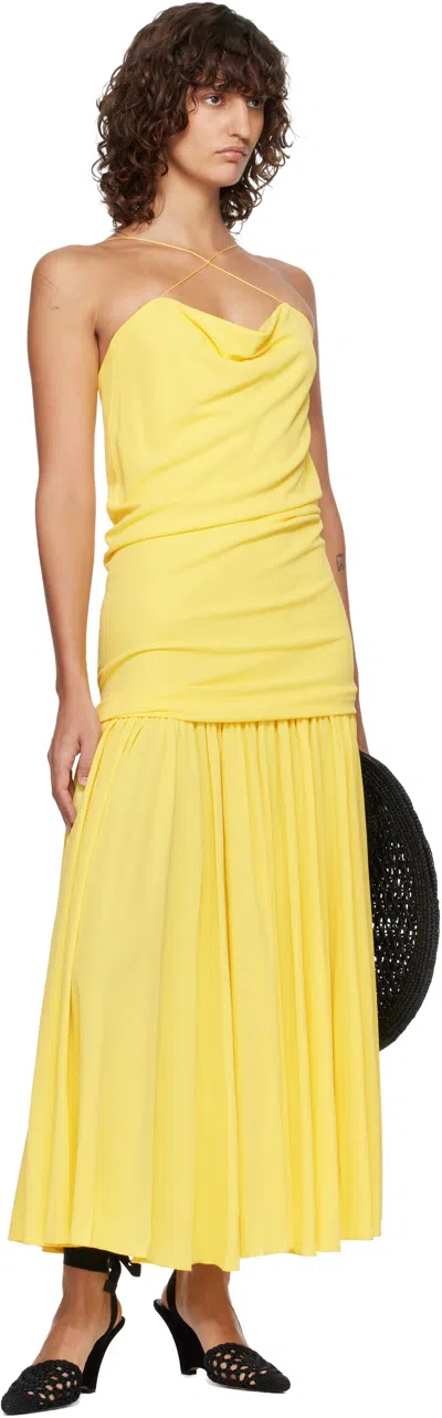 Jacquemus Yellow Dress With Straight Neckline And Gathered Waist In Tech Fabric Woman In Yellow