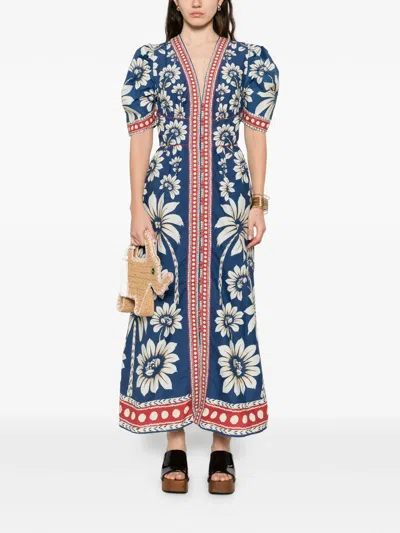 Farm Rio Luna Blue Long Dress With V Neck And All-over Floral Motif In Cotton Woman