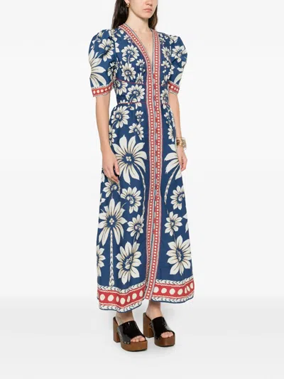 Farm Rio Luna Blue Long Dress With V Neck And All-over Floral Motif In Cotton Woman