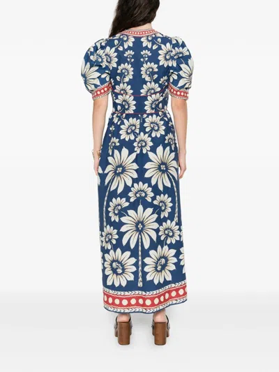 Farm Rio Luna Blue Long Dress With V Neck And All-over Floral Motif In Cotton Woman