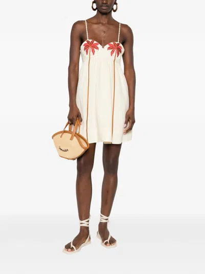 Farm Rio Off-white Coconut Tree Embroidered Euroflax Premium Linen Mini Dress